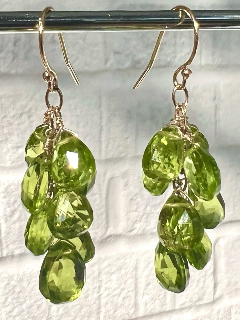 Peridot Briolette Earrings 14k
Yellow Gold French Hook Chandelier Cluster Drop